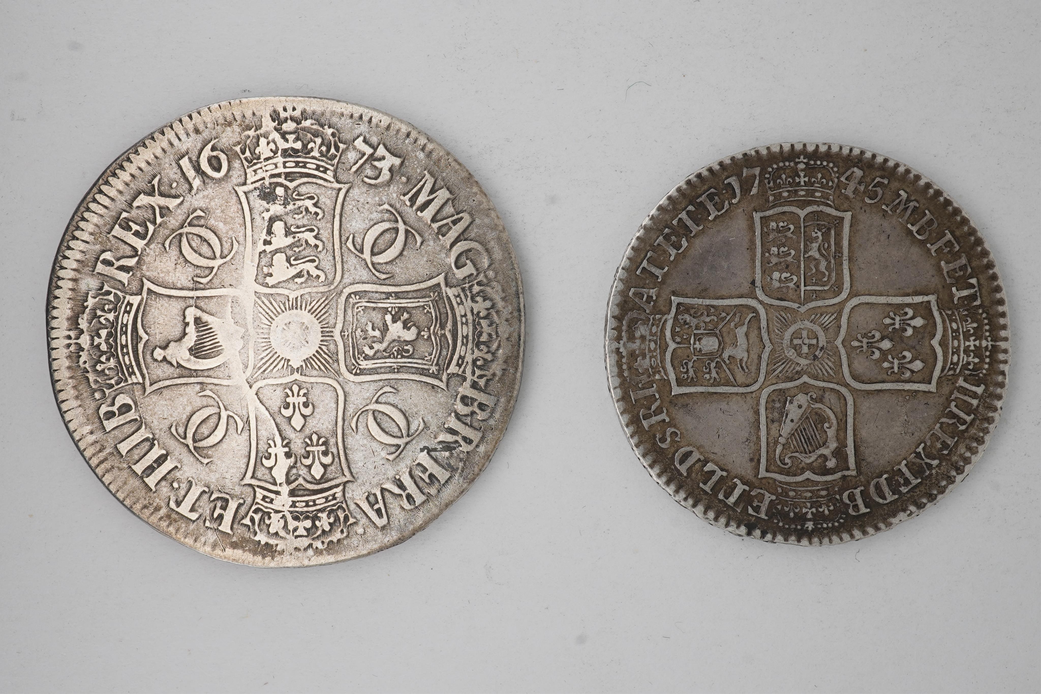 British silver coins, Charles II (1660-1685), Crown, 1673, near fine, George II (1727-1760), Halfcrown, 1745, lima, edge decimo nono, S. 3695) VF, toned